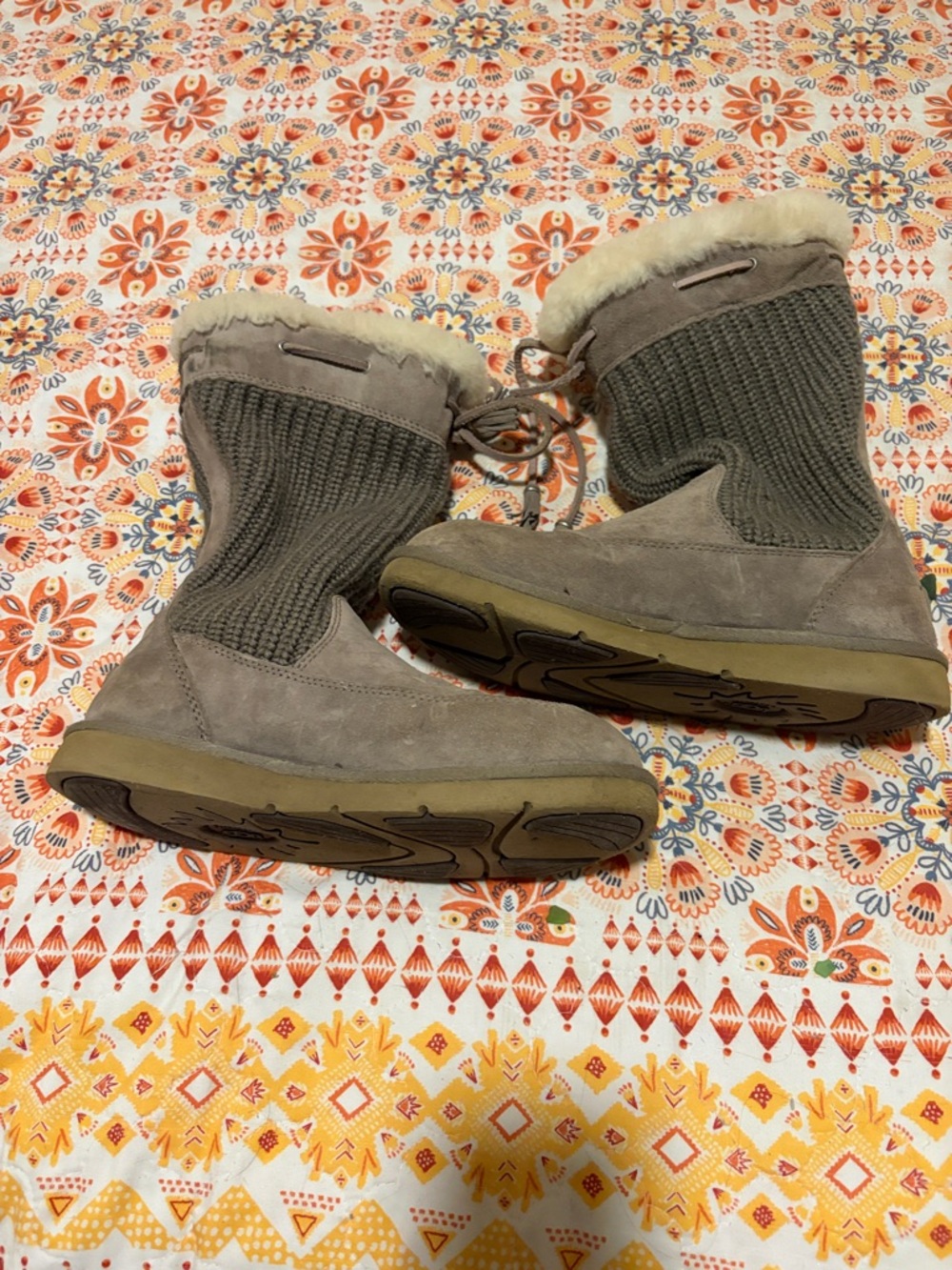 UGG Taupe Suede Knit Shearling-Lined Ankle Boots